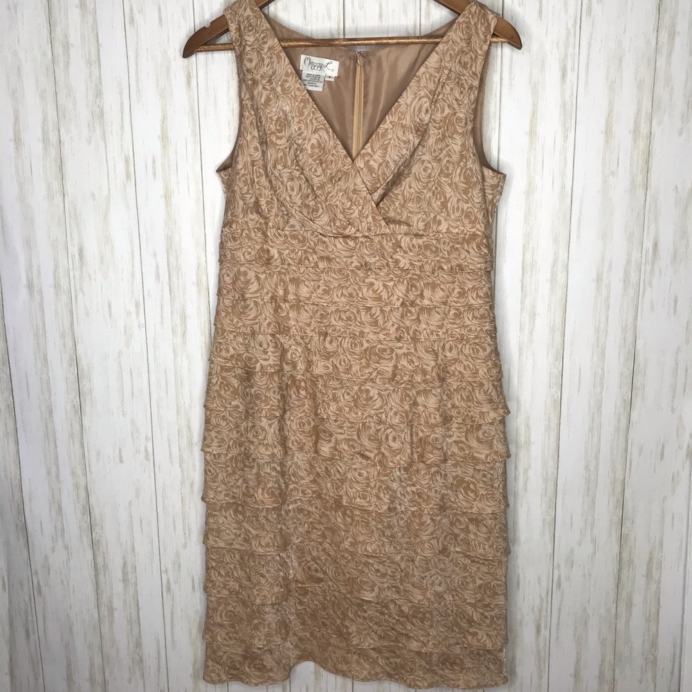Maggy London tan floral ruffle cocktail dress